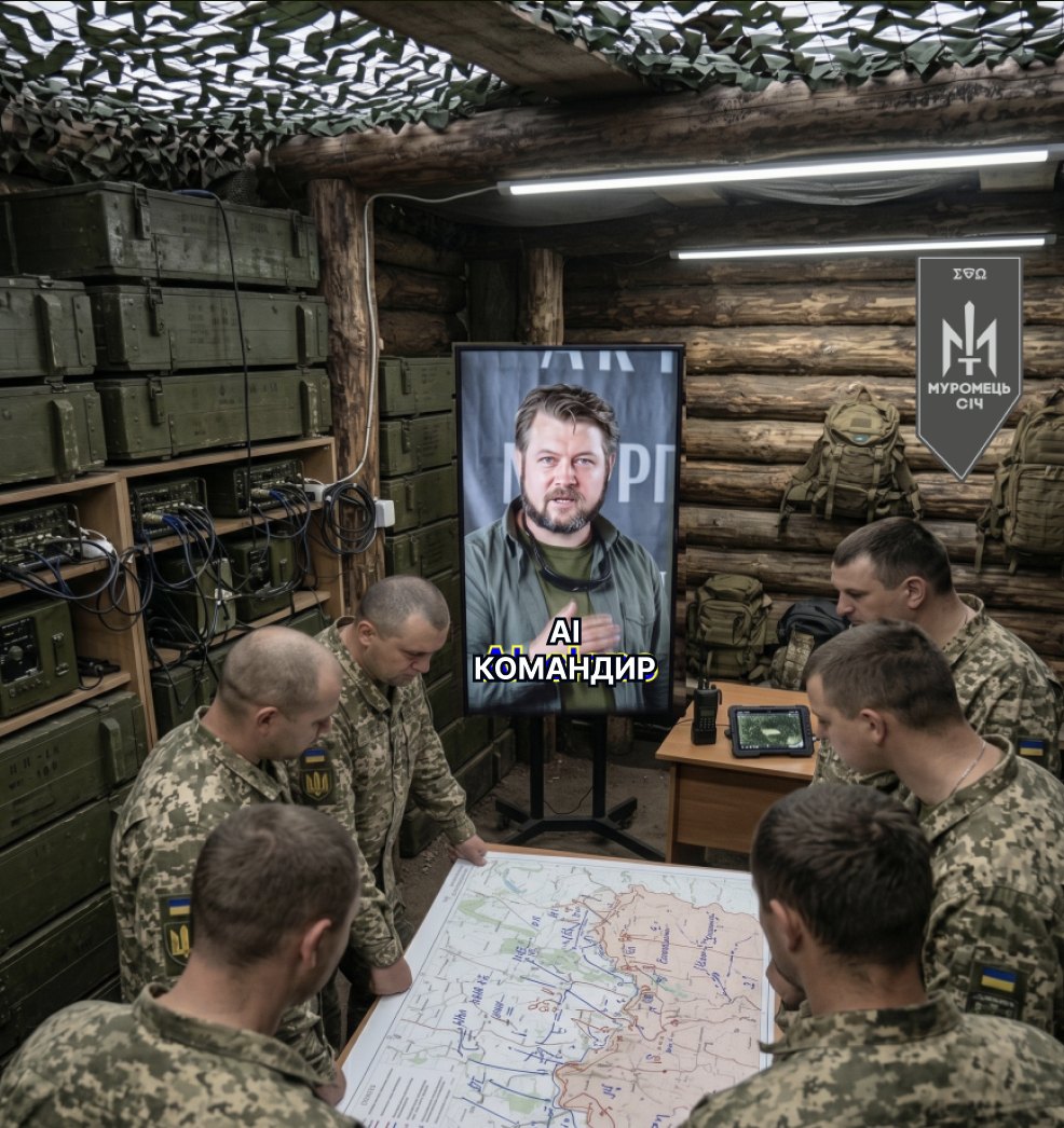 Бліндаж, командири над картою; на екрані — AI-командир