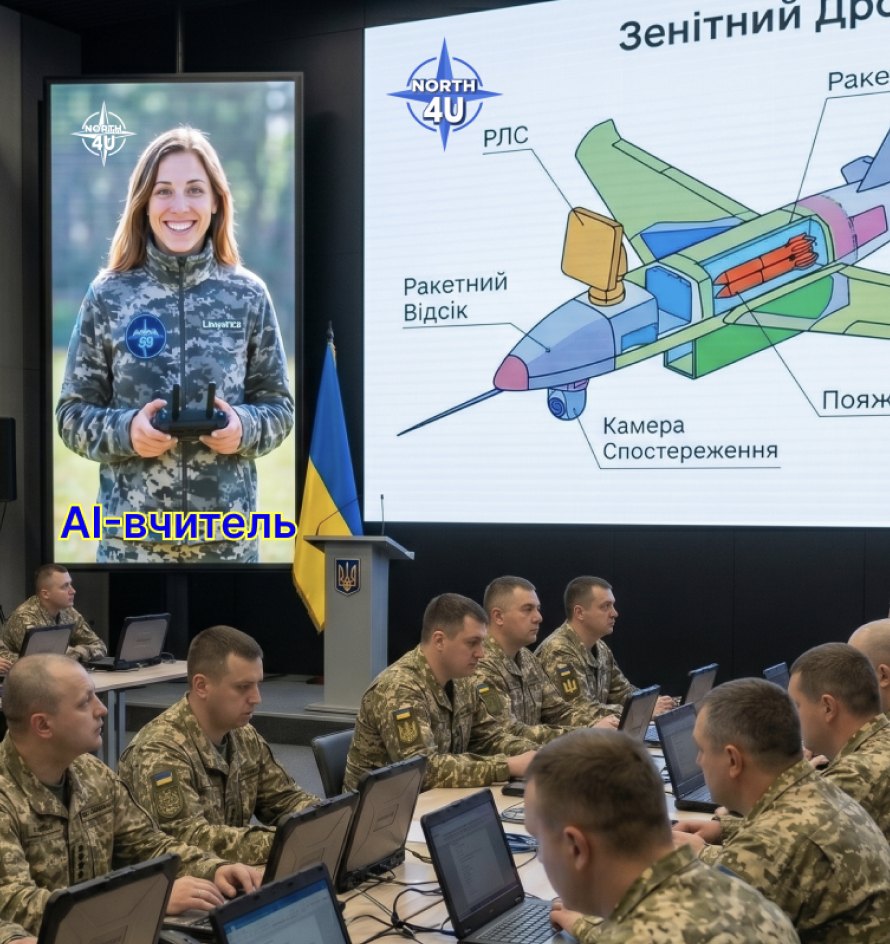 Аудиторія з військовими; на екрані — AI-вчитель і схема зенітного дрона